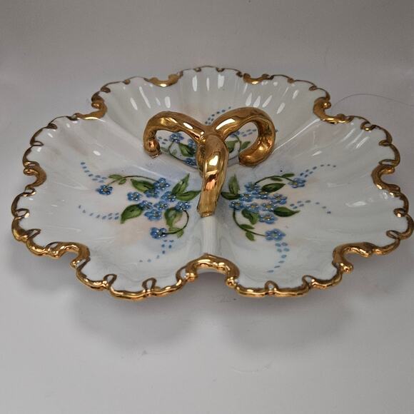 Vintage 1971 Hand Painted Porcelain Divided Dish Blue Flowers Gold Trim Signed - Picture 1 of 5